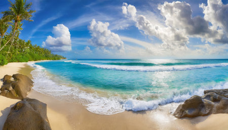 This stunning tropical beach panorama captures the essence of paradise, with expansive turquoise waters, soft sandy shores, and a vast horizon, creating a tranquil escape and picturesqueの素材