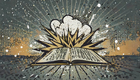 Dynamic vintage retro comics cover book design featuring explosive boom, crash, and bang elements with vibrant light effects, dotted pop art textures, and bold graphic illustrations ideal forの素材