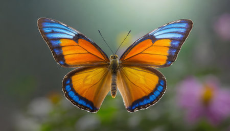 Beautiful blue, yellow, and orange butterfly in flight, isolated on a transparent background. Its delicate wings and intricate color patterns make it ideal for art, design, or educational uses.の素材