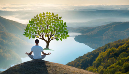 Explore the transformative power of self-reflection and mindfulness practices on mental health. This visual captures a person in serene meditation, symbolizing the harmony and balanceの素材