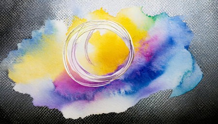 Dynamic watercolor stain featuring vivid hues and textured gradients on a clear, transparent background. Perfect for enhancing digital designs, artwork, or creative branding with a versatile andの素材