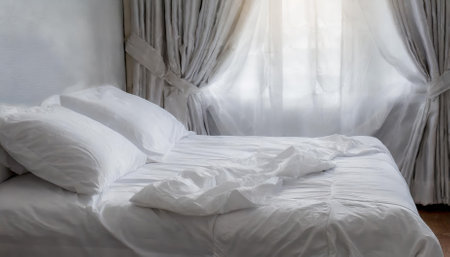 An inviting scene of white bedding sheets and pillows, beautifully messy, symbolizing relaxation and comfort. Perfect for cozy bedroom inspiration, lifestyle, and decor concepts.の素材