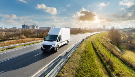 A sleek, white modern courier van drives swiftly on a motorway heading toward the city, emphasizing fast small shipment cargo delivery. The image highlights efficiency, speed, and professionalの素材