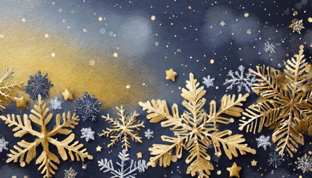 A sophisticated winter-themed background showcasing intricately gold and navy snowflakes set against a deep blue backdrop. Ideal for seasonal designs, event decor, festive invitations, and holidaysの素材