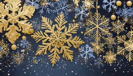 This stunning winter background features a captivating mix of gold and navy snowflakes on a sophisticated backdrop. Perfect for seasonal designs, holiday-themed projects, and elegant digital orの素材