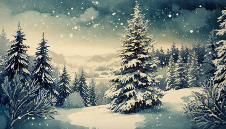 Experience the timeless beauty of a winter wonderland with snow-laden fir trees and a peaceful ambiance, creating a vintage Christmas aesthetic ideal for seasonal wallpaper, cards, or holidayの素材