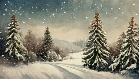 Immerse yourself in the nostalgic beauty of this winter landscape, showcasing snow-draped fir trees in a peaceful scene, designed as vintage Christmas wallpaper that evokes the magic of theの素材
