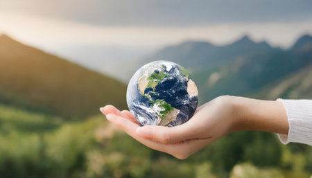 A symbolic representation of a womans hand gently holding the planet, promoting the message of Earth Day, sustainable living, and the importance of preserving the environment for the futureの素材