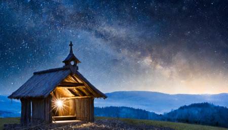 A serene wooden stable nestled beneath a dark blue starry sky evokes the nativity of Jesus Christ. This minimalist design offers ample copy space, blending tradition and tranquility, perfect forの素材