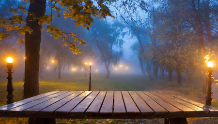 An atmospheric image of a rustic wooden table set against the serene backdrop of an evening foggy park, enveloped in mist and framed by lush greenery, evoking a sense of tranquility and naturalの素材