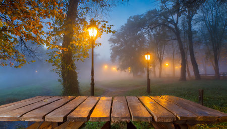 A rustic wooden table is set against the backdrop of a foggy park in the evening. The misty ambiance envelops the scene in a sense of mystery and serenity, perfect for evoking a tranquil,の素材
