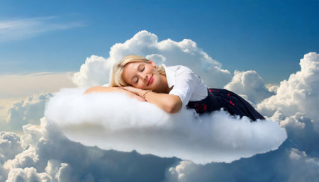This enchanting artwork captures a serene scene of a woman gracefully sleeping on a fluffy, ethereal cloud amidst a dreamlike sky. The soft pastel hues evoke a sense of peace, wonder, and calm.の素材