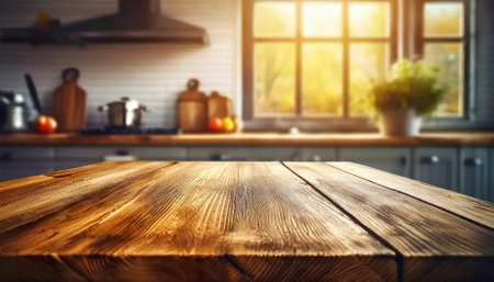 A detailed wooden texture table top against a softly blurred kitchen window background, creating the perfect setting for product displays, food imagery, or natural lifestyle photography projects.の素材