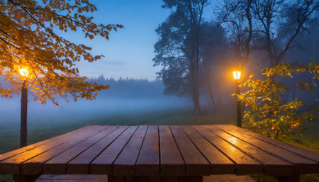 A rustic wooden table sits in a foggy evening park, bathed in soft, diffused light that enhances the tranquil and enigmatic ambiance. This image evokes solitude, introspection, and the calmの素材