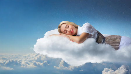 This enchanting artwork captures a woman gently sleeping on a cloud amidst a celestial setting. The image radiates peace, with pastel hues and soft textures evoking a dreamlike sense of comfortの素材