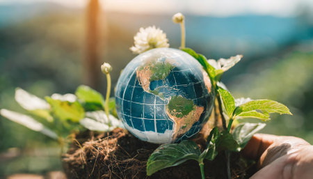 This inspiring image embodies the essence of World Environment and Earth Day, showing a harmonious blend of the globe and nature to emphasize eco-friendly values and environmental stewardshipの素材