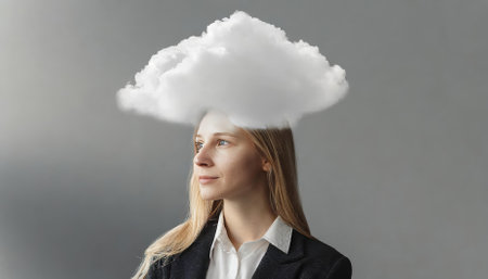 This image portrays a young woman with her head enveloped in clouds, representing the emotional weight of depression, loneliness, and mental health challenges. A vivid exploration of internalの素材