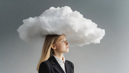 Artistic depiction of a young woman lost in thought, her head enveloped by metaphorical clouds representing mental health struggles, depression, and loneliness. Highlights the complexity ofの素材