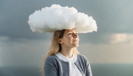An evocative image of a young woman with her head immersed in clouds, portraying themes of depression, loneliness, and mental health struggles. A symbolic depiction of introspection andの素材