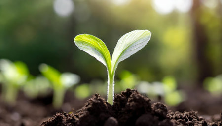 A close-up of a tender young sprout emerging from fertile soil, bathed in warm sunlight. This vibrant image conveys the essence of growth, renewal, and the natural beauty of lifes early stages.の素材