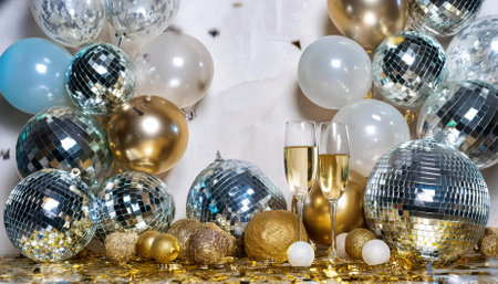 Celebrate the New Year in style with this glamorous image showcasing a white and gold background adorned with vibrant balloons, sparkling disco balls, and colorful confetti, perfect for your festive events.の素材
