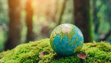 This captivating image features a globe resting on lush green moss within a tranquil forest, symbolizing Earth Day. It highlights the importance of protecting our planet and fostering environmental stewardship for generations to come.の素材