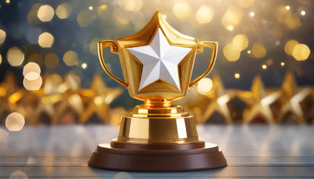 This impressive Gold Five Star Rating Trophy symbolizes success and achievement, showing a vibrant D background that highlights the importance of excellence and recognition in professional and personal endeavors.の素材