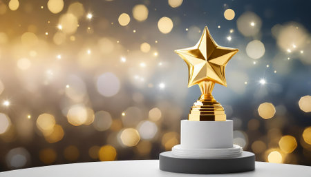 This striking image showcases a Gold Five Star Rating Trophy, symbolizing success and excellence in customer satisfaction. Set against a captivating D background, it represents the pinnacle of achievement.の素材