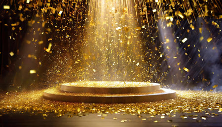 A stunning display of golden confetti showering down onto a vibrant stage, beautifully lit by a central beam of light. This captivating scene sets the perfect mood for festive celebrations and unforgettable moments.の素材