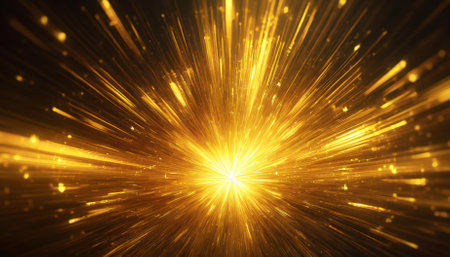 This Golden Light Explosion Background features a mesmerizing blend of radiant golden hues and dynamic light patterns, creating an energetic atmosphere ideal for digital designs, presentations, and artistic endeavors.の素材