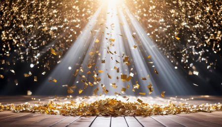 Experience the enchanting sight of golden confetti showering down onto a vibrant stage, beautifully lit by a central beam of light. This stunning display captures the essence of celebration, joy, and festivity.の素材