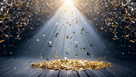 Experience the enchanting spectacle of golden confetti cascading gracefully onto a vibrant stage, illuminated by a brilliant central light beam, perfect for enhancing any festive occasion or celebration.の素材