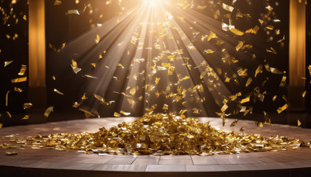 Experience the enchanting spectacle of a golden confetti shower cascading down onto a vibrant festive stage, beautifully illuminated by a central beam of light, perfect for creating unforgettable memories during celebrations.の素材