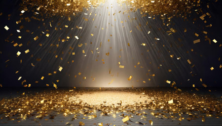 A stunning visual of golden confetti raining down on a beautifully lit festive stage, with a vibrant light beam cutting through the darkness of an empty room at night, creating a magical atmosphere for celebrations.の素材