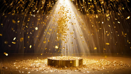A breathtaking scene of golden confetti showering down onto a vibrant festive stage, beautifully illuminated by a central beam of light. This captivating display enhances the celebratory atmosphere, perfect for any event.の素材
