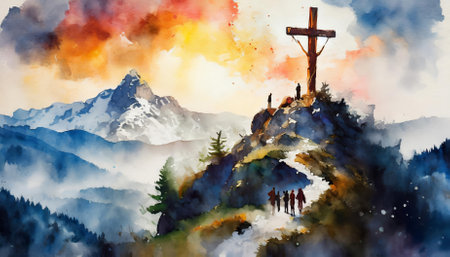 This exquisite watercolor artwork titled Good Friday Crossen On Mount Calvary captures the poignant moment of the crucifixion. It evokes deep emotions of sacrifice, hope, and spiritual reflection, inviting viewers to contemplate their faith.の素材