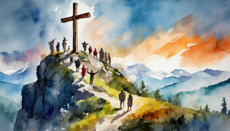 This exquisite watercolor artwork titled Good Friday Crossen On Mount Calvary beautifully illustrates the crucifixion scene, evoking deep emotions and reflecting the profound spiritual significance of Good Friday.の素材