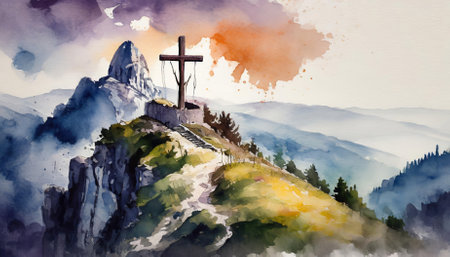 This stunning watercolor artwork titled Good Friday Crossen On Mount Calvary beautifully portrays the poignant moment of the crucifixion. The piece invites viewers to reflect on themes of sacrifice, faith, and redemption through its vibrant colors and emotional depth.の素材