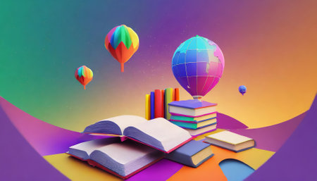 This stunning D illustration showcases a colorful gradient abstract world, inviting viewers to immerse themselves in a realm of creativity. Perfect for World Book Day, it inspires exploration and imagination.の素材