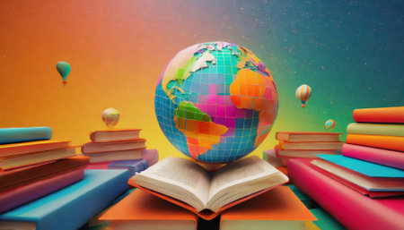 Immerse yourself in this stunning D illustration that embodies the spirit of World Book Day. Featuring a vibrant gradient background, this artwork celebrates creativity and imagination, inviting viewers to explore the colorful depths of literary inspiration.の素材