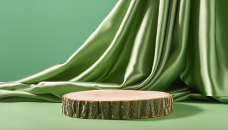 This stunning image showcases a green podium display adorned with a flowing satin wave curtain, set against a vibrant green background. The empty pedestal invites natural presentations, making it perfect for various events.の素材