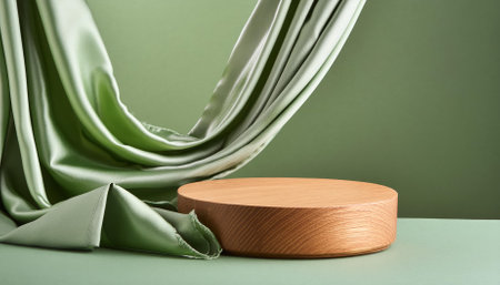 This stunning image showcases a green podium display adorned with a luxurious satin wave curtain against a vibrant green background. The empty pedestal is ideal for showing natural elements or products.の素材