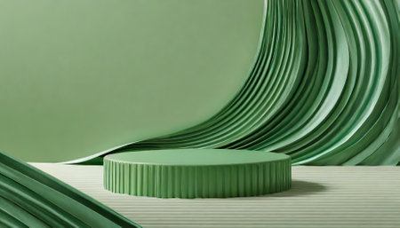 This stunning image showcases a green podium display adorned with a luxurious satin wave curtain, set against a vibrant green background. The empty pedestal invites natural elements for presentations or events.の素材