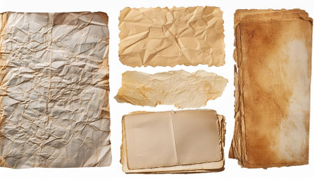 This image features an old, worn paper sheet isolated on a transparent background, showing its unique textures and vintage appeal. Perfect for design projects, scrapbooking, and artistic creations.の素材