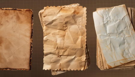 This image features an old worn paper sheet, isolated on a transparent background, showing its vintage textures and historical charm. Perfect for creative projects, art designs, and nostalgic themes.の素材