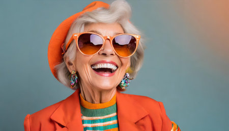 This delightful image captures a happy senior woman dressed in a colorful orange outfit, wearing stylish sunglasses. Her laughter radiates joy and positivity, showing the beauty of enjoying life at any age.の素材