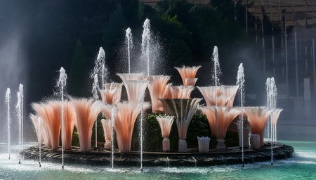 This captivating image showcases gushing coral fountains, beautifully intertwined with abstract futuristic D textures. The scene features frozen explosions, blending nature and technology in a mesmerizing visual experience.の素材