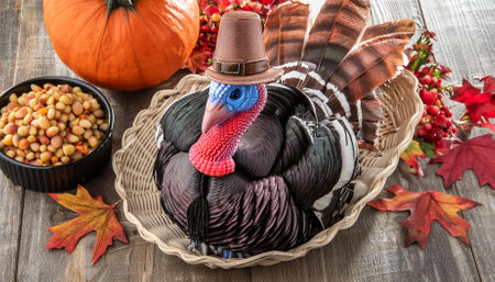 Experience the warmth of Thanksgiving Day with a stunning image showcasing a delicious turkey surrounded by vibrant fall decorations. Perfect for capturing the essence of gratitude and togetherness.の素材