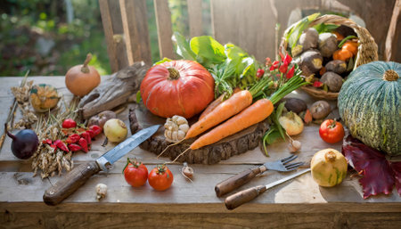 Discover the vibrant flavors of seasonal vegetables in our vegetarian feast, showcasing natures bounty. Perfect for gatherings, this meal celebrates fresh production and healthy eating.の素材