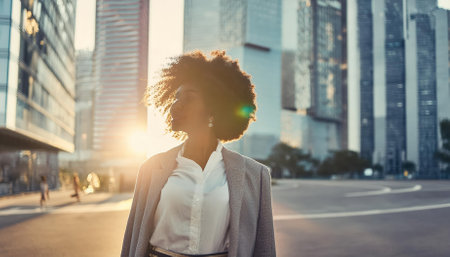 This striking image captures a happy and wealthy black businesswoman exuding confidence and success as she stands in front of towering modern skyscrapers. A true representation of ambition and empowerment in a vibrant urban environment.の素材